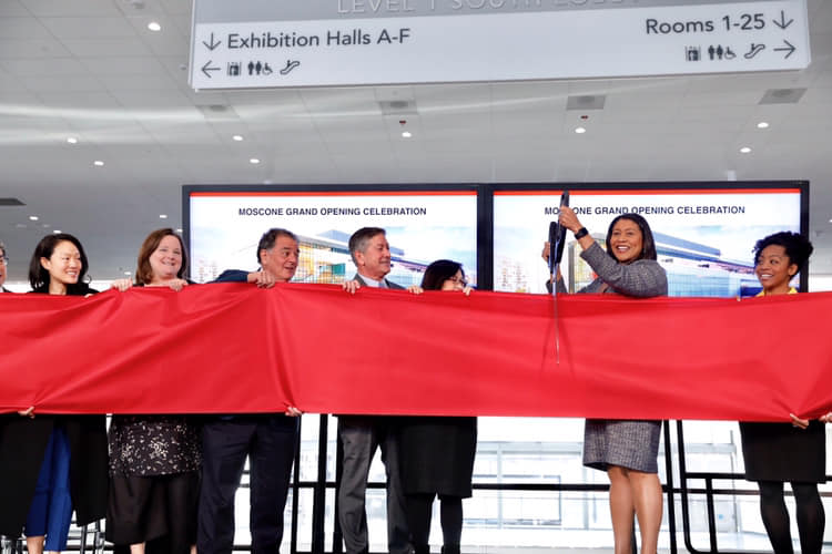 Mayor London Breed and partners cut the ribbon for the celebration of the completion of the Moscone Expansion Project.