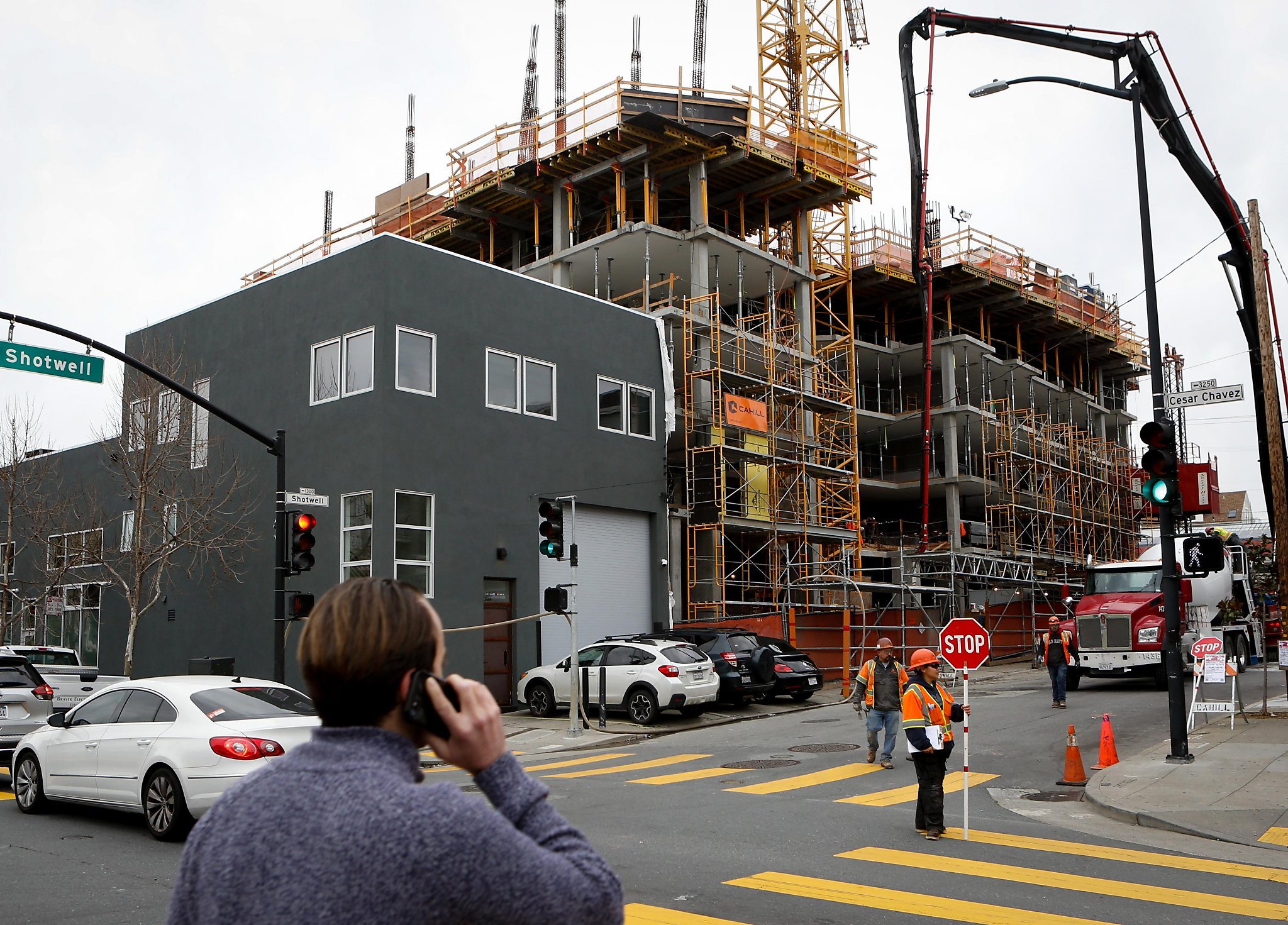 An affordable housing building under construction at Cesar Chavez and Shotwell streets.