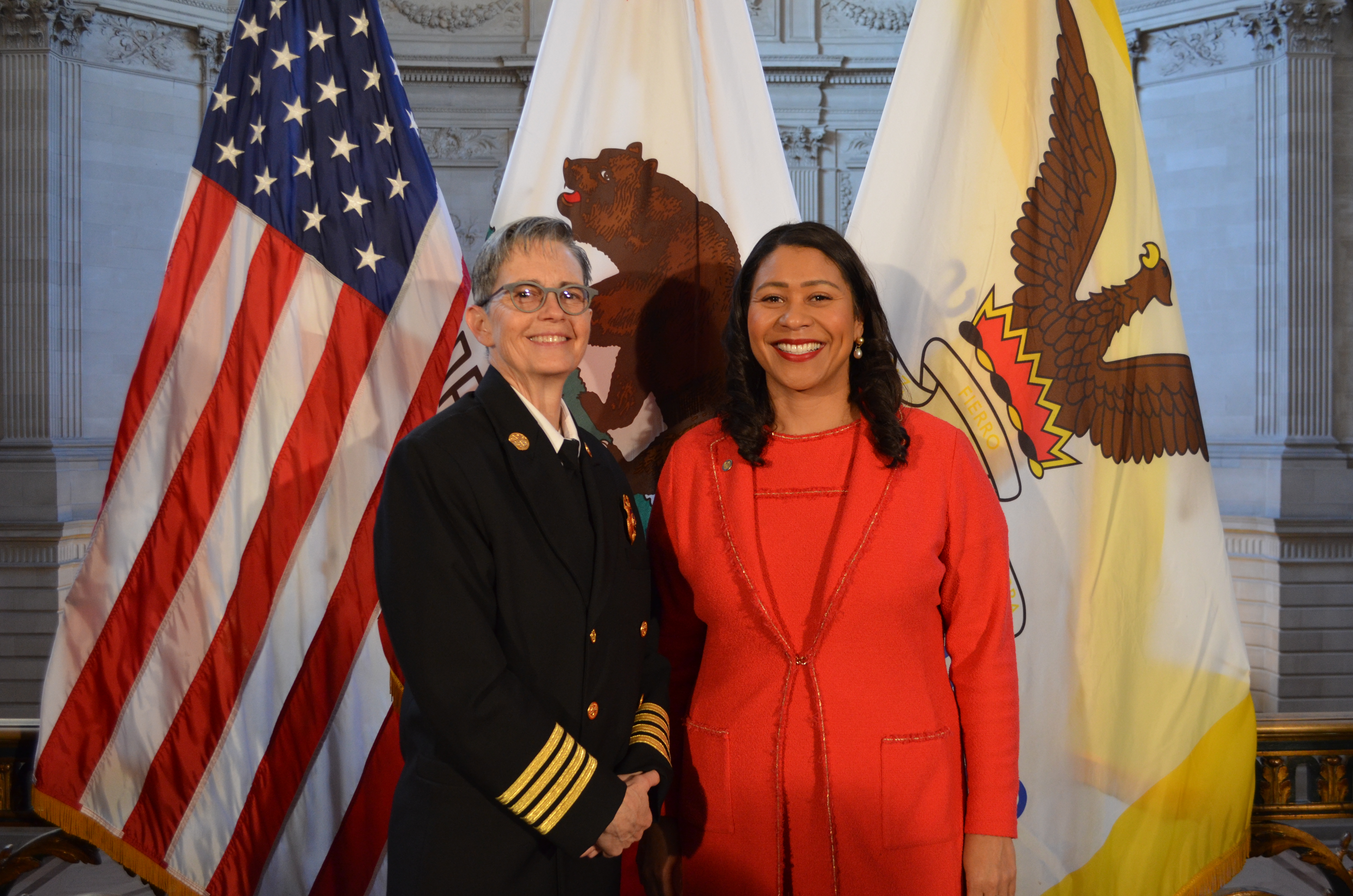 Newly announced Fire Chief Jeanine Nicholson and Mayor Breed