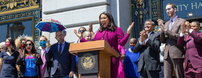 Mayor Breed on the City Hall steps