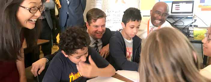 Mayor Farrell visiting with school children